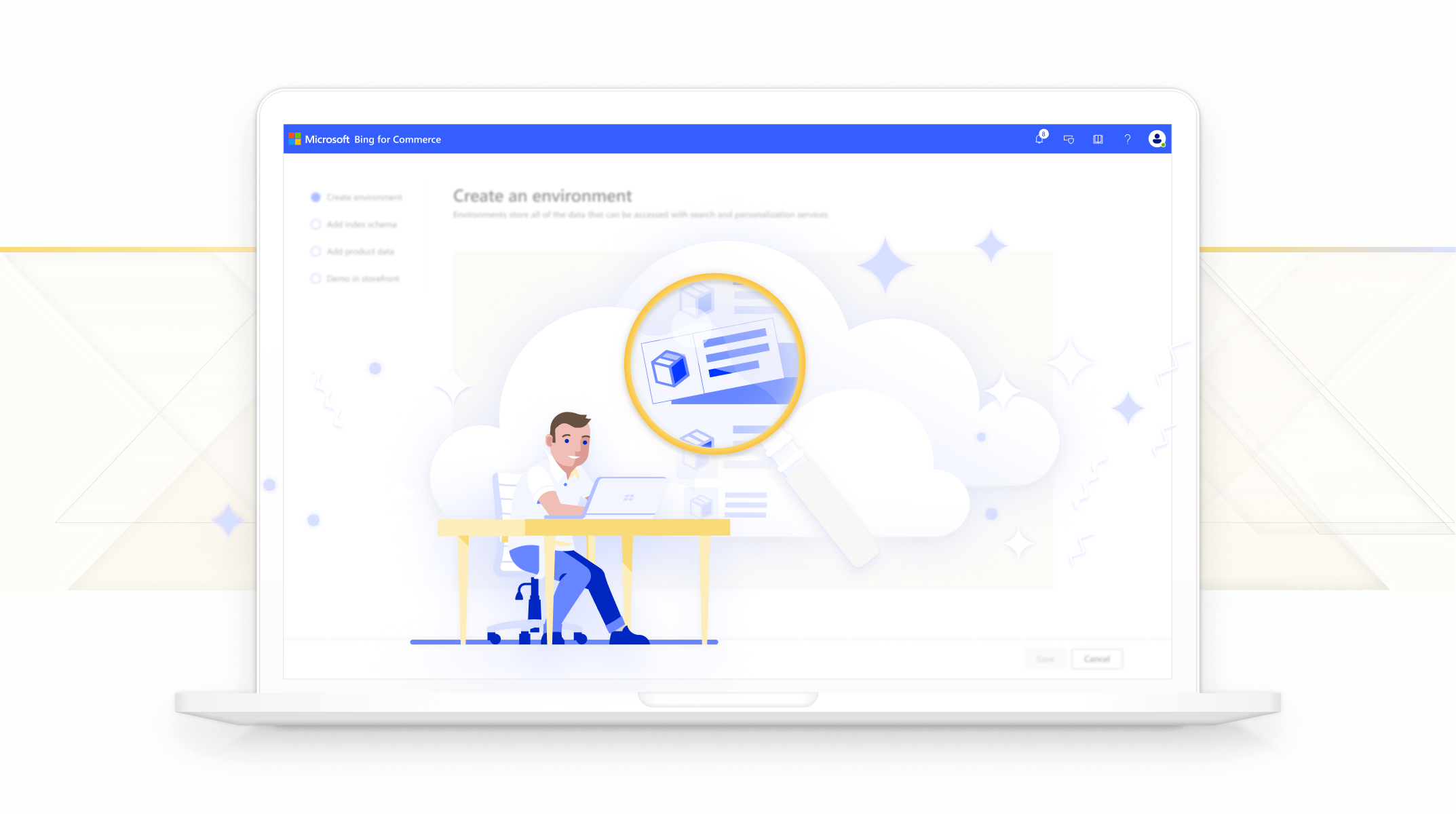 Microsoft Bing for Commerce Welcome screen with illustration of a man using a computer with product search listings magnified above him